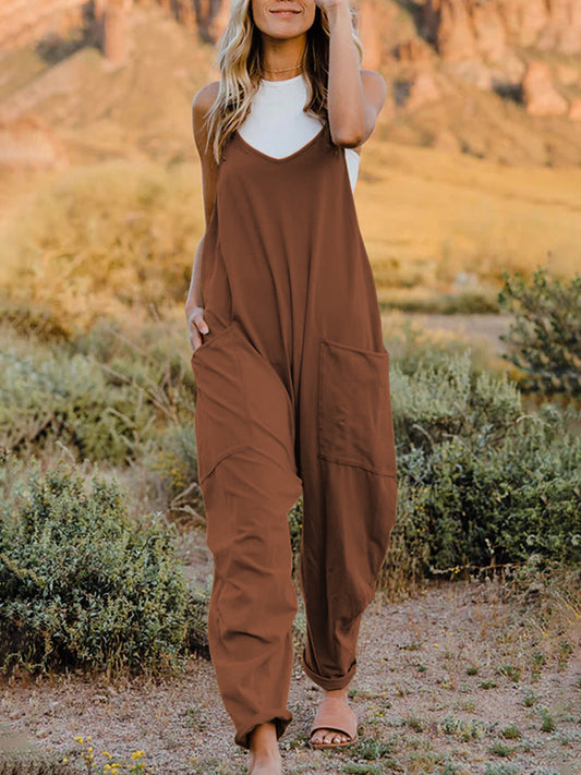 Oversize Sleeveless V-Neck Pocketed Jumpsuit