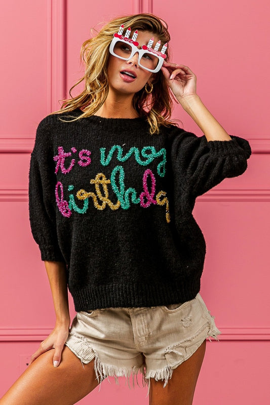 Metallic "its my birthday" Puff Sleeve Hairy Sweater